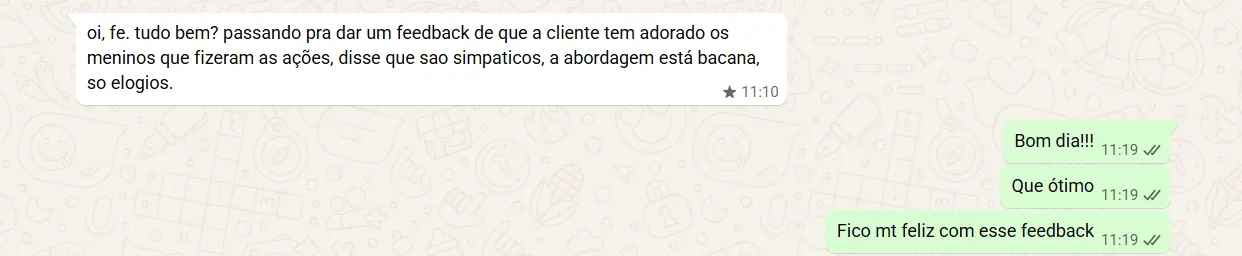 Print de conversa de WhatsApp com feedback de cliente sobre a abordagem dos representantes de marca da Exfera Mídia