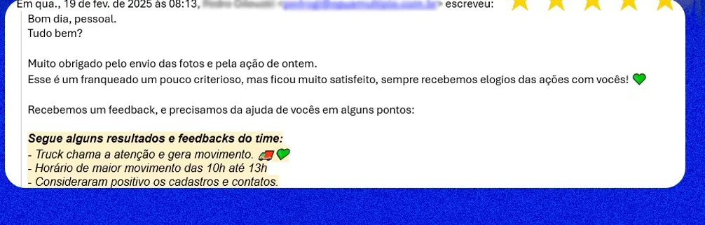 Print de e-mail de agência parceira elogiando ação com truck da Exfera Mídia