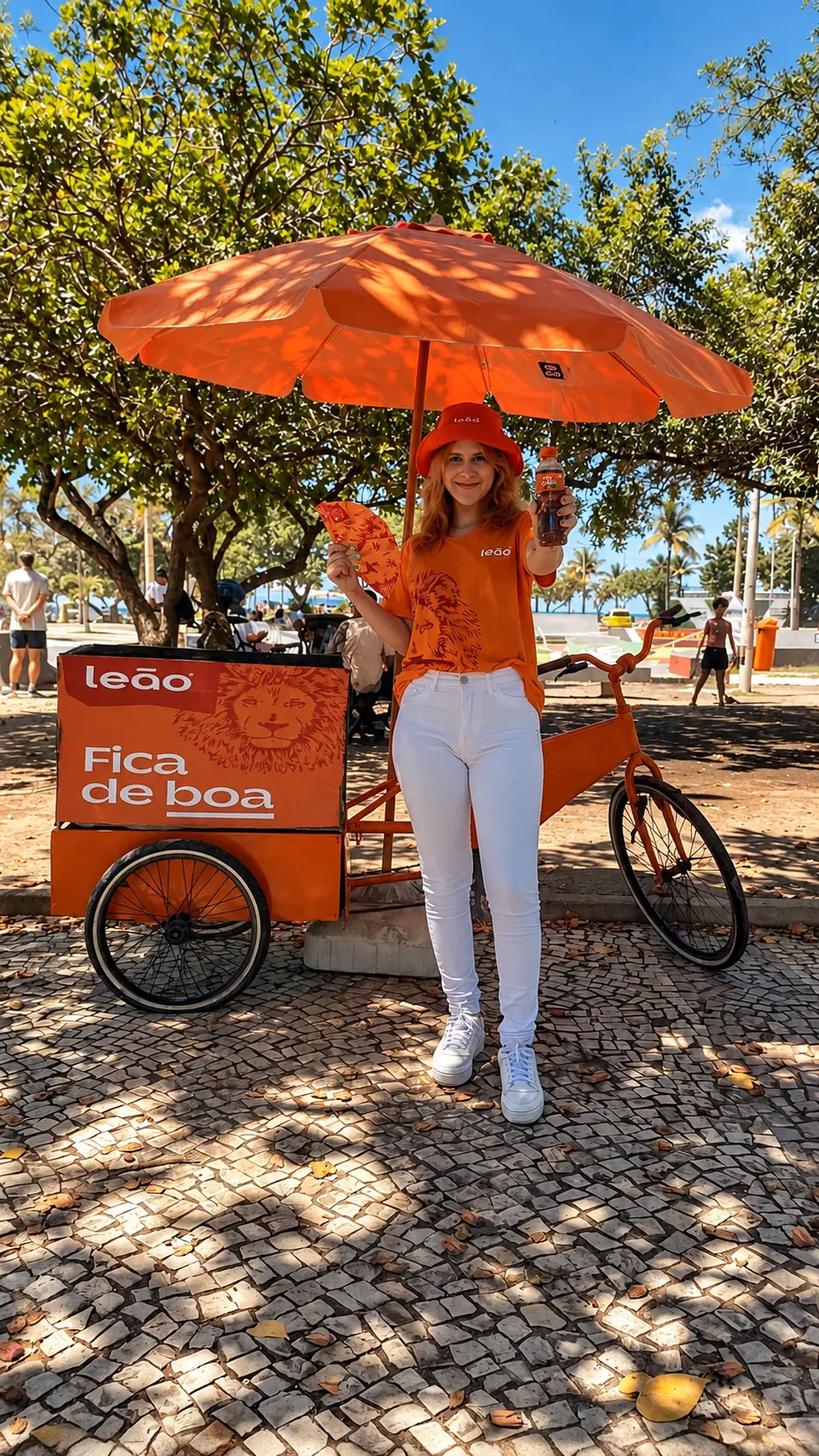Bike PDV Leão Fica de Boa com representante de marca da Exfera Mídia na orla do Rio de Janeiro