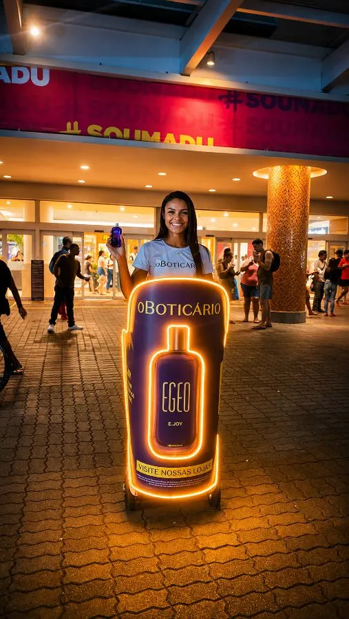 Representante de marca com skate overboard iluminado Egeo O Boticário em frente a shopping