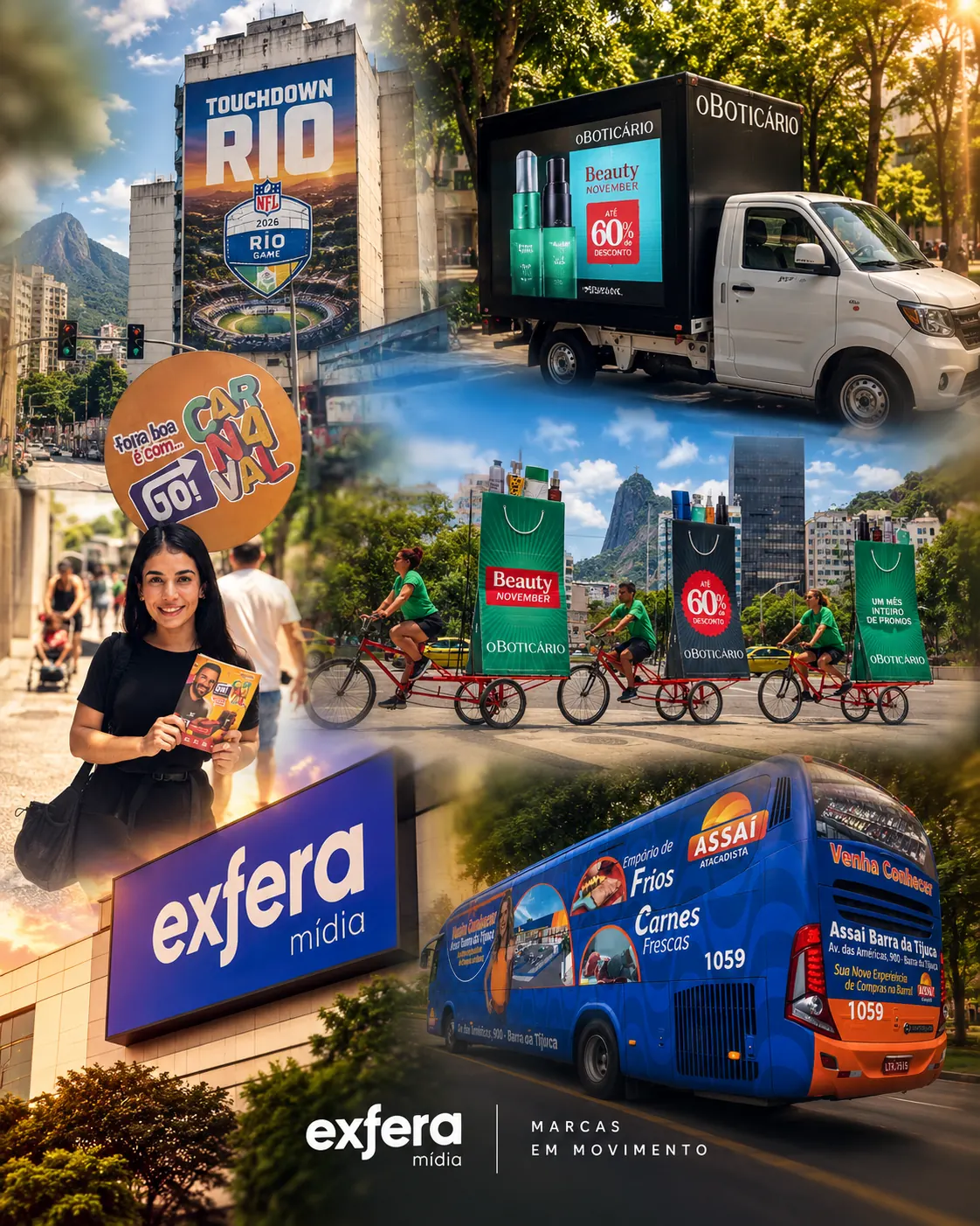 Formatos de mídia OOH da Exfera Mídia: ônibus envelopado, LED truck, empena e bikedoor